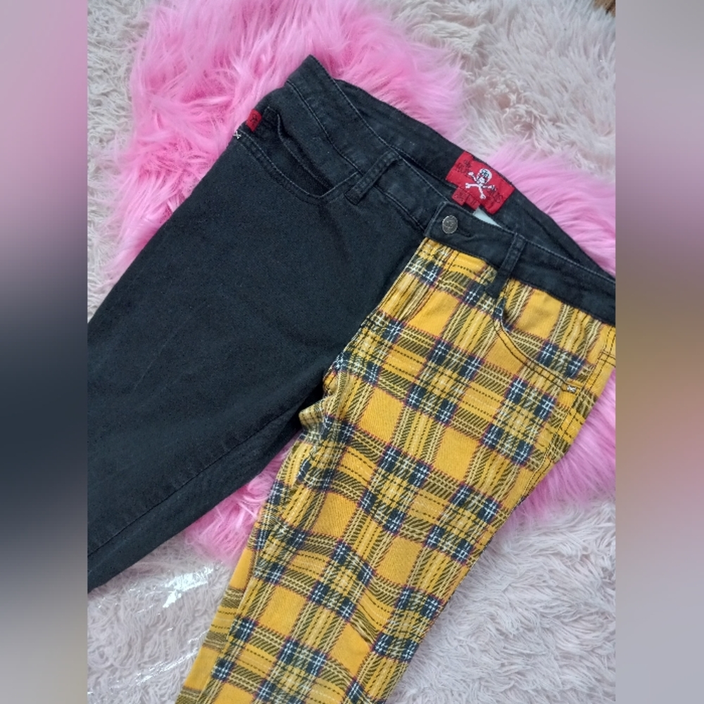 Tripp split personality half yellow plaid half black skinny jeans! Royal Bones - Picture 3 of 8